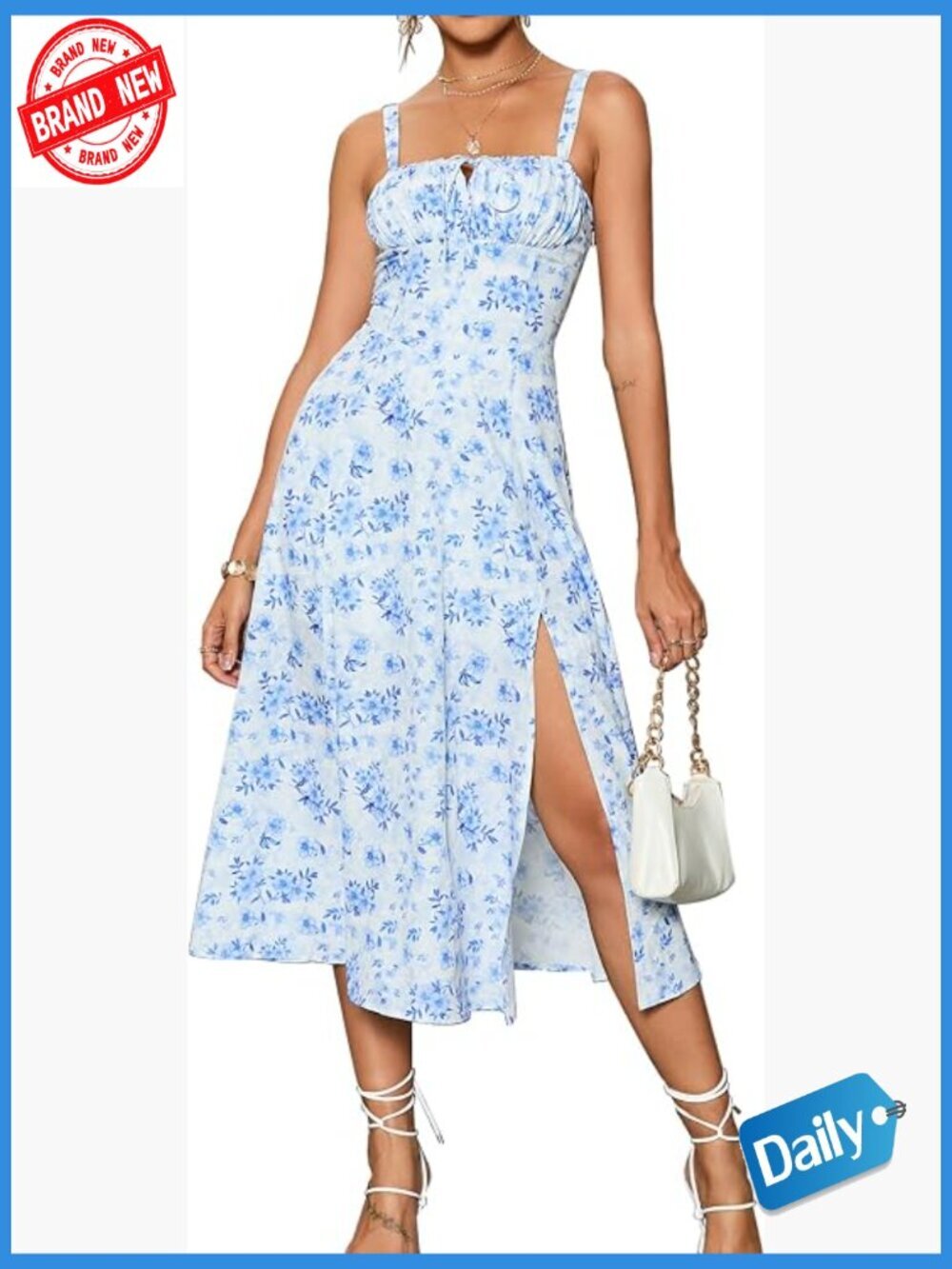 A-Line Midi Corset Dress Flowy Lace Up Backless Slit Sundress Spring Summer